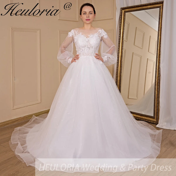 HEULORIA elegant A line long sleeve Court Train Tulle Lace Wedding Dress With Sequins Beading