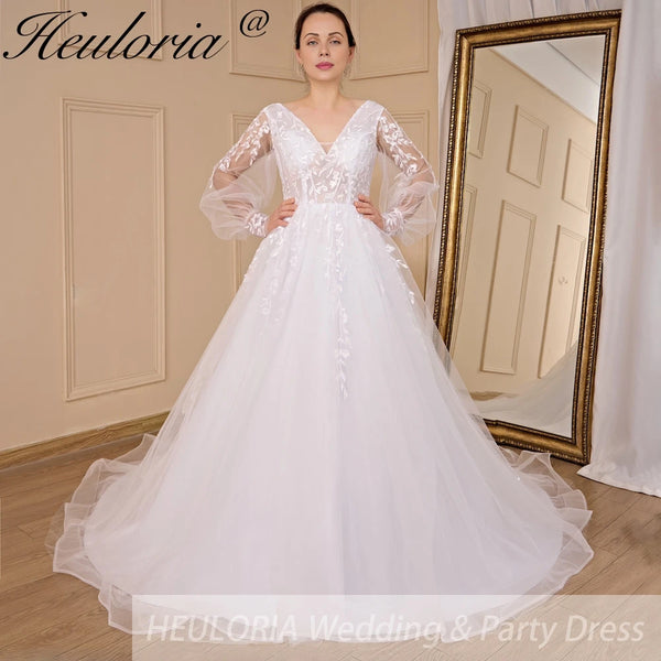 HEULORIA A-line V-Neck long sleeve Court Train Lace Wedding Dress With Sequins