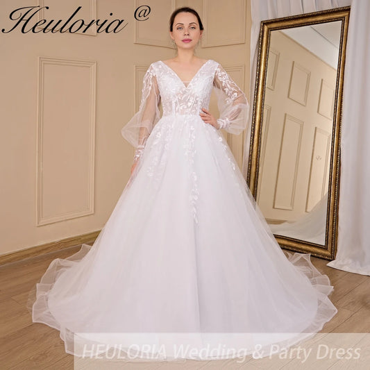 HEULORIA A-line V-Neck long sleeve Court Train Lace Wedding Dress With Sequins