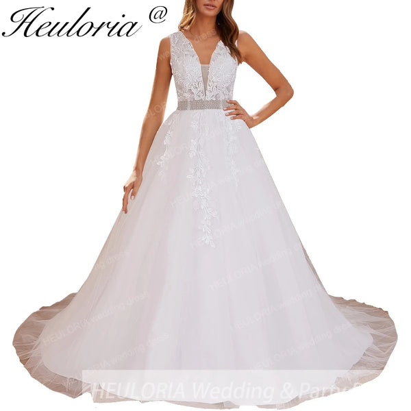 HEULORIA Boho Wedding Dress V neck bride dress plus size robe de mariee Lace applique A line Wedding Bridal Gown