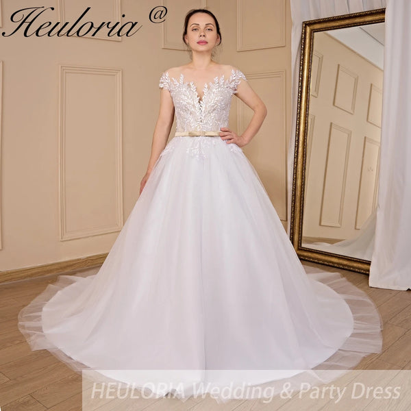 HEULORIA A-line Scoop Illusion Court Train Lace Tulle Wedding Dress With Sequins