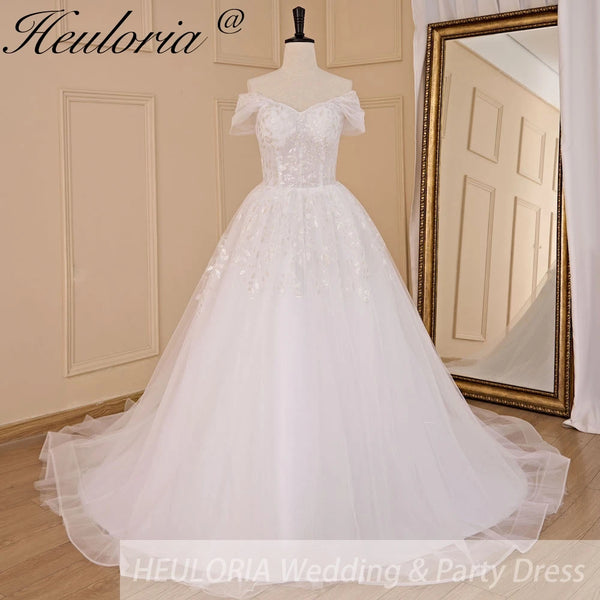 HEULORIA A-line Off the Shoulder Court Train Tulle Lace Wedding Dress With Sequins