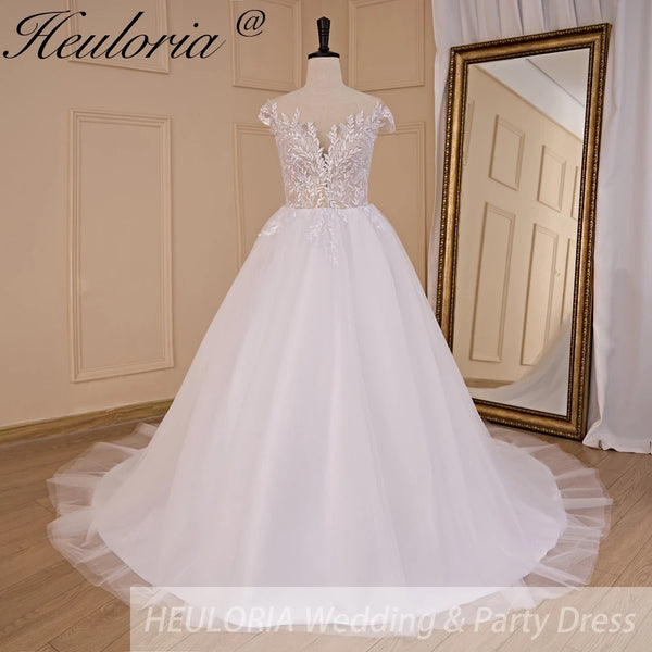 HEULORIA A-line Scoop Illusion Court Train Lace Tulle Wedding Dress With Sequins