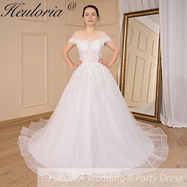 HEULORIA A-line Off the Shoulder Court Train Tulle Lace Wedding Dress With Sequins