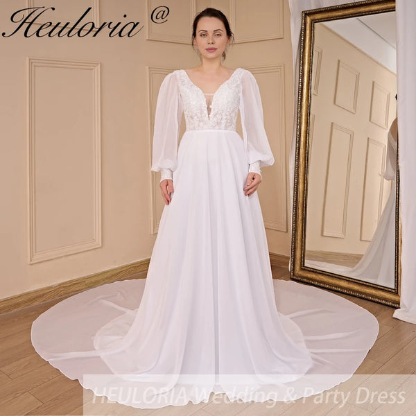 Boho Wedding Dress long sleeve V neck lace applique chiffon bride dress plus size robe de mariee A line Wedding Bridal Gown