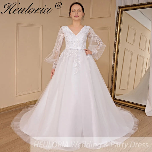 HEULORIA Boho Wedding Dress long sleeve bride dress plus size robe de mariee Lace beading A line Wedding Bridal Gown