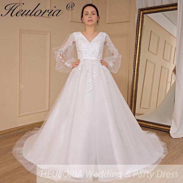 HEULORIA Boho Wedding Dress long sleeve bride dress plus size robe de mariee Lace beading A line Wedding Bridal Gown