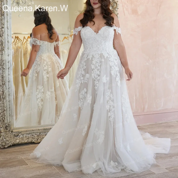 Elegant A line Wedding Dress Off-the-shoulder lace applique bride dress robe de mariee A line Wedding Bridal Gown