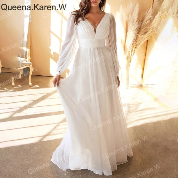 Elegant A line Wedding Dress long sleeve V neck chiffon bride dress robe de mariee A line Wedding Bridal Gown