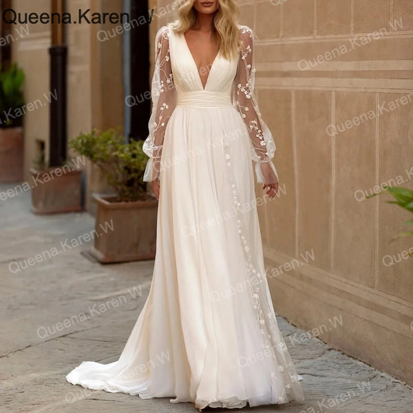 Elegant A line Wedding Dress long sleeve V neck lace chiffon bride dress robe de mariee A line Wedding Bridal Gown