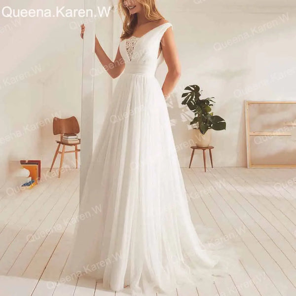 Elegant Boho A line Wedding Dress V neck tulle bride dress robe de mariee A line Wedding Bridal Gown