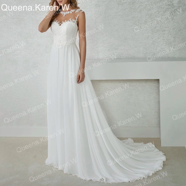 Elegant Boho A line Wedding Dress round neck lace applique chiffon bride dress robe de mariee A line Wedding Bridal Gown