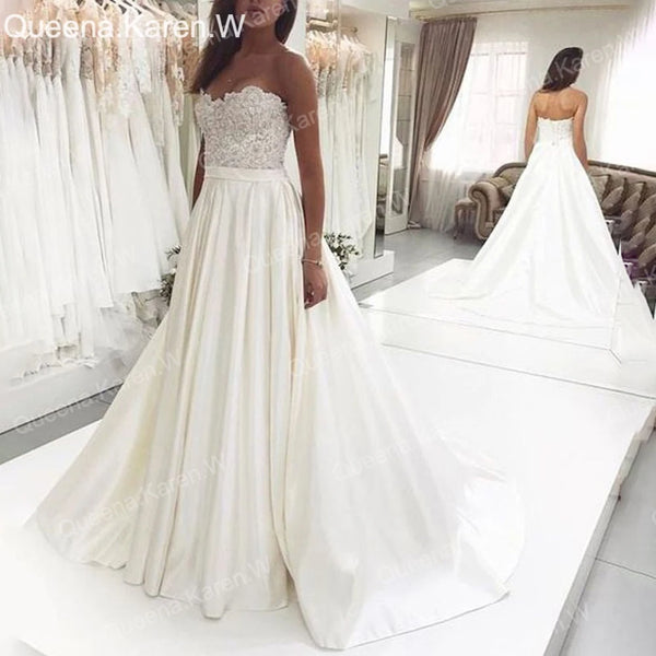 Elegant Boho A line Wedding Dress strap lace beading satin bride dress robe de mariee A line Wedding Bridal Gown