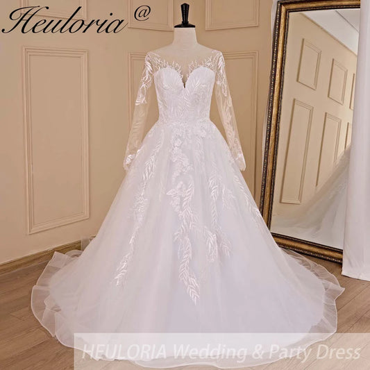 HEULORIA A line Scoop Illusion long sleeve Cathedral Train Tulle Lace Wedding Dress With Sequins