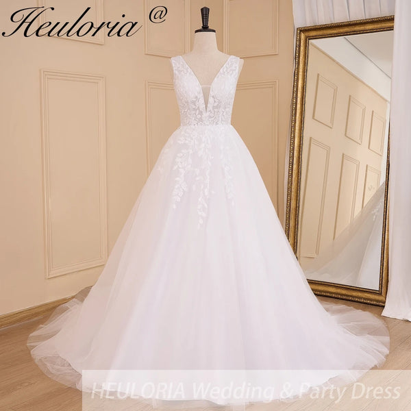 HEULORIA Elegant lace applique Boho Wedding Dress bride dress V neck plus size A line Wedding Bride Gown