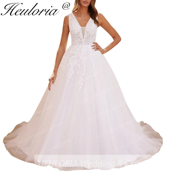 HEULORIA Elegant lace applique Boho Wedding Dress bride dress V neck plus size  A line Wedding Bride Gown