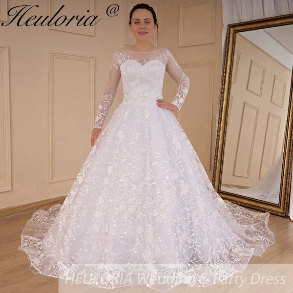 HEULORIA Ball Gown princess Wedding Dresses long sleeve lace bride dress beading belt plus size Robe De Mariee Wedding gown