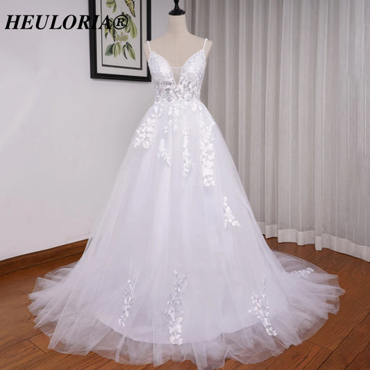 HEULORIA A-line Sweetheart Court Train Lace Tulle Wedding Dress With Sequins beading