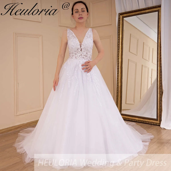 HEULORIA Boho Wedding Dress V neck lace beading bride dress plus size robe de mariee A line Wedding Gown