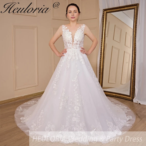 HEULORIA A-line V-Neck Court Train Lace Tulle Wedding Dress With Sequins Beading