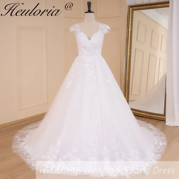 HEULORIA  Elegant lace applique ball gown princess Wedding Dress V neck plus size shinny skirt bridal dress robe de mariee