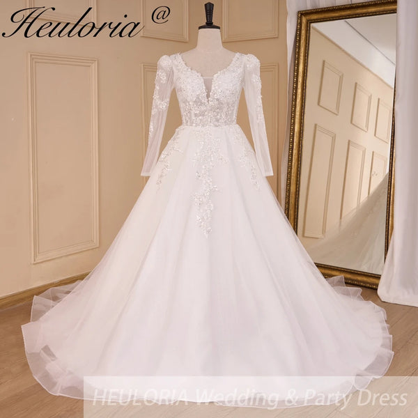 HEULORIA Elegant lace beading Wedding Dress long sleeve sweetheart long train Wedding Bridal dress