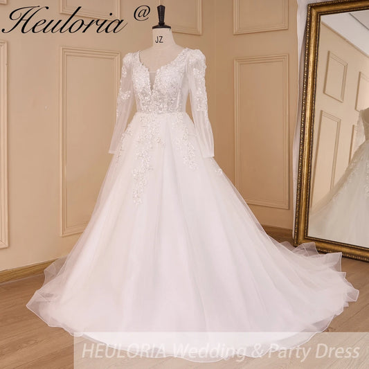 HEULORIA Elegant lace beading Wedding Dress long sleeve sweetheart long train Wedding Bridal dress