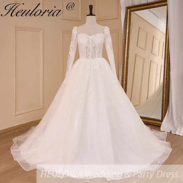 HEULORIA Elegant lace beading Wedding Dress long sleeve sweetheart long train Wedding Bridal dress