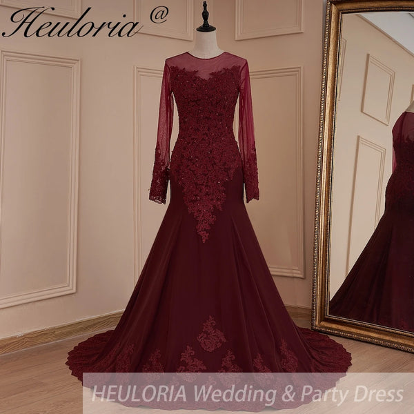 HEULORIA Mermaid Evening Dresses Long sleeve lace applique wedding dress prom dress