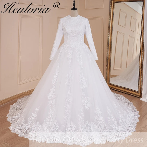 HEULORIA Muslim Wedding Dress long sleeve bride dress O neck plus size robe de mariee Lace beading  Bridal Gown