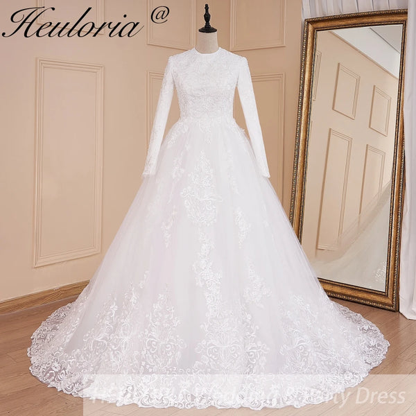 HEULORIA Muslim ball gown Wedding Dress long sleeve round neck plus size robe de mariee Lace beading bride dress court train