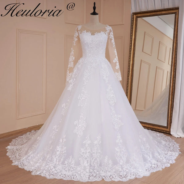 HEULORIA Princess Ball Gown Wedding Dress long sleeve bride dress O neck plus size robe de mariee Lace beading  Bridal Gown