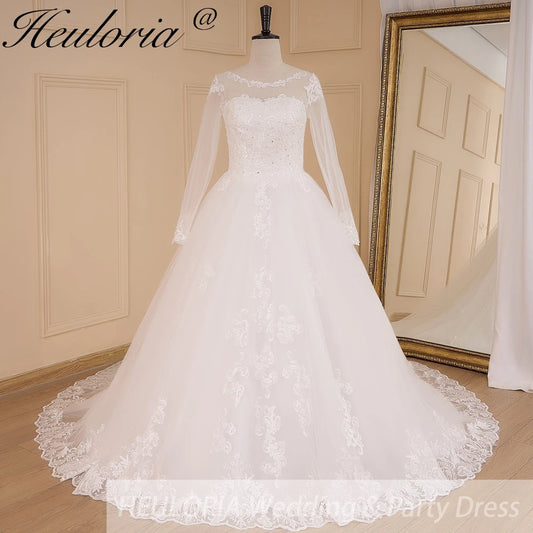 HEULORIA Princess Ball Gown Wedding Dress long sleeve bride dress O neck plus size robe de mariee Lace beading Bridal Gown
