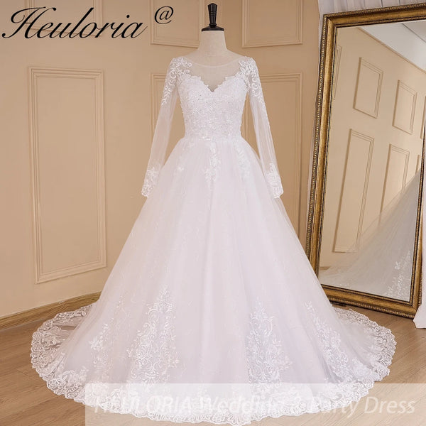 HEULORIA Princess Ball Gown Wedding Dress long sleeve sweetheart plus size robe de mariee Lace beading bride dress court train