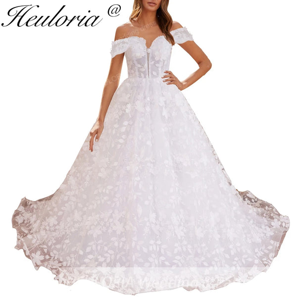 HEULORIA Princess Wedding Dress off shoulder bride dress  plus size robe de mariee 3D floral Lace Wedding Bridal Gown