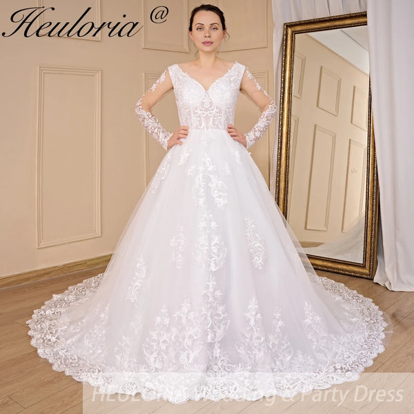 HEULORIA Ball-Gown/Princess V-Neck long sleeve Cathedral Train Tulle Lace Wedding Dress With Sequins