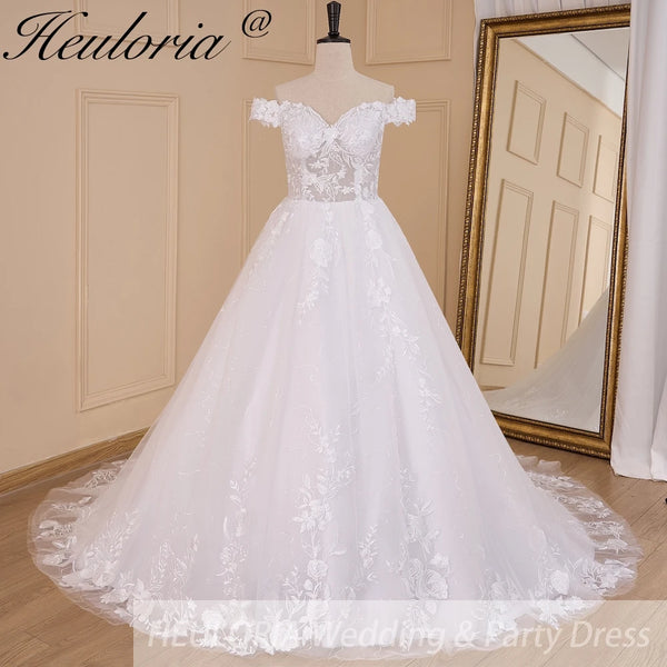 HEULORIA Vintage Wedding Dress off shoulder lace applique bride dress robe de mariee court train