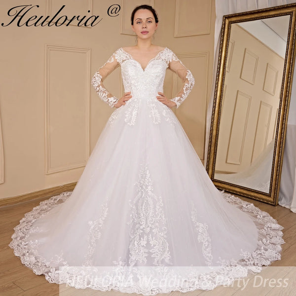 HEULORIA princess wedding dress long sleeve lace beading bride dress plus size robe de mariee Wedding gown