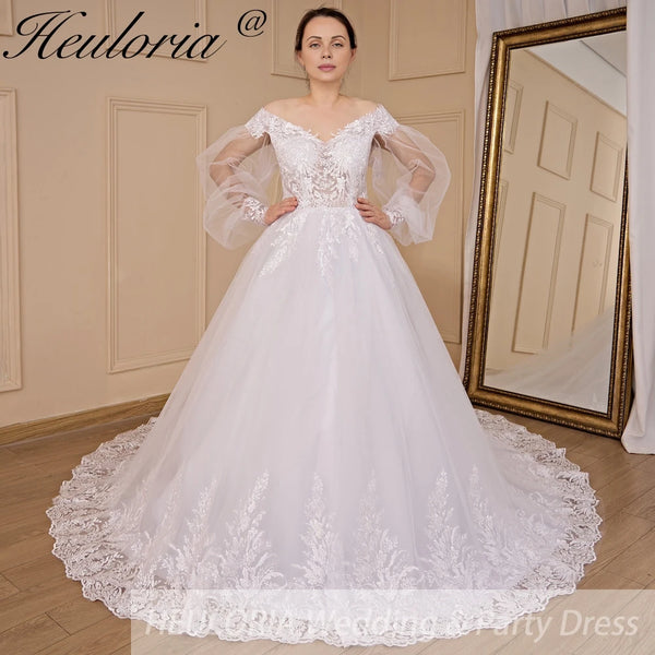 HEULORIA ball gown princess wedding dress long sleeve lace applique bride dress plus size robe de mariee Wedding gown