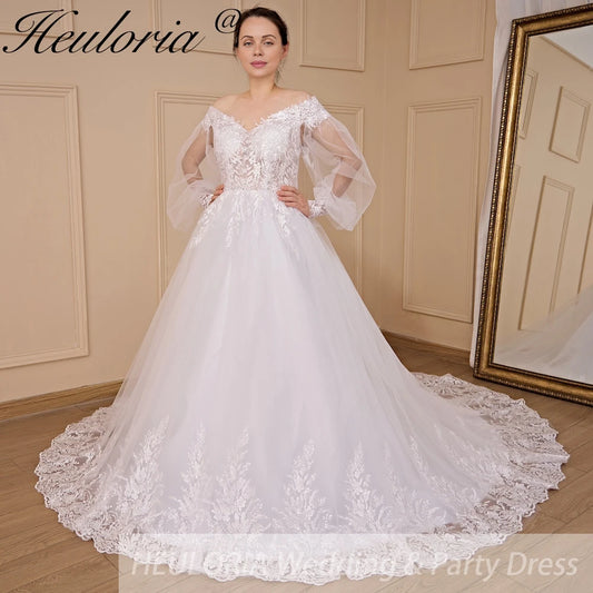 HEULORIA Ball-Gown/Princess V-Neck long sleeve Cathedral Train Tulle Lace Wedding Dress With Sequins