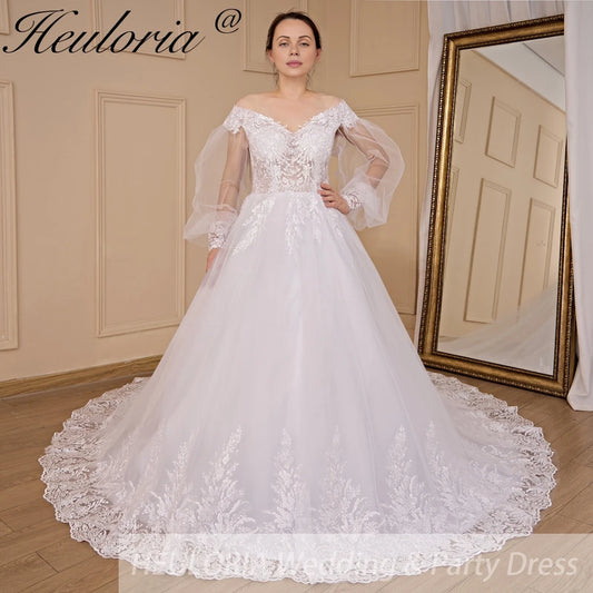 HEULORIA Ball-Gown/Princess V-Neck long sleeve Cathedral Train Tulle Lace Wedding Dress With Sequins