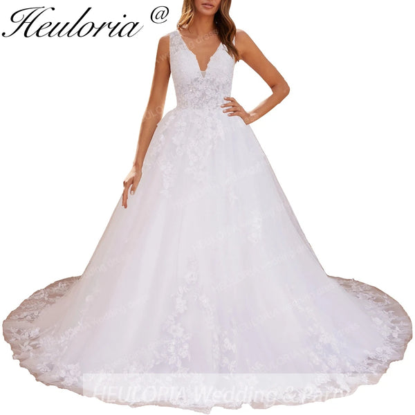 HEULORIA elegant A line wedding dress V neck lace applique bridal dress Robe De Mariee Wedding Bride Dress