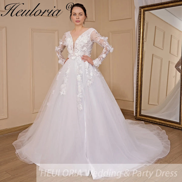 HEULORIA elegant A line V neck long sleeve Court Train Tulle Lace Wedding Dress With Flower 3D Floral Sequins Beading