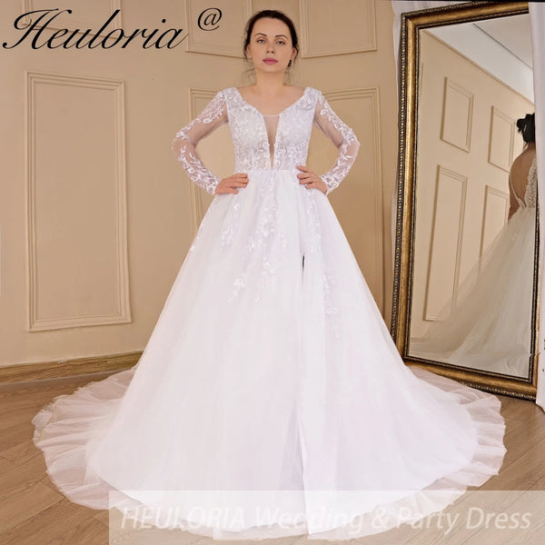 HEULORIA elegant A line wedding dress long sleeve high split v neck lace bride dress Robe De Mariee Wedding Bride Dress