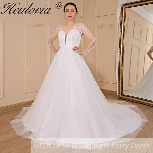 HEULORIA elegant A line long sleeve Court Train Tulle Lace Wedding Dress With Sequins Beading