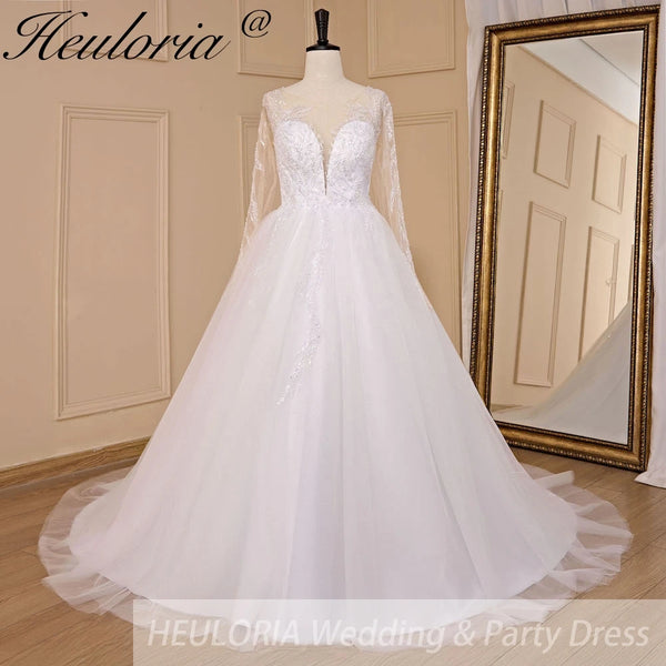 HEULORIA elegant A line long sleeve Court Train Tulle Lace Wedding Dress With Sequins Beading