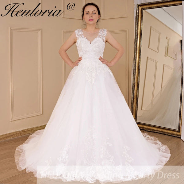 HEULORIA elegant A line wedding dress round neck lace applique Robe De Mariee Wedding Bride Dress long train