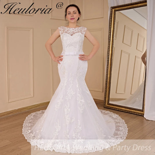 HEULORIA elegant Mermaid Wedding Dresses O neck lace applique Bride dres Robe de mariage customize