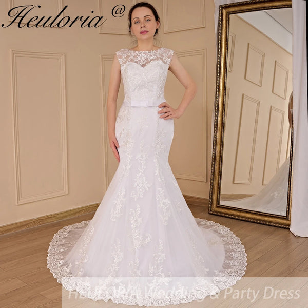 HEULORIA elegant Mermaid Wedding Dresses O neck lace applique Bride dres Robe de mariage customize