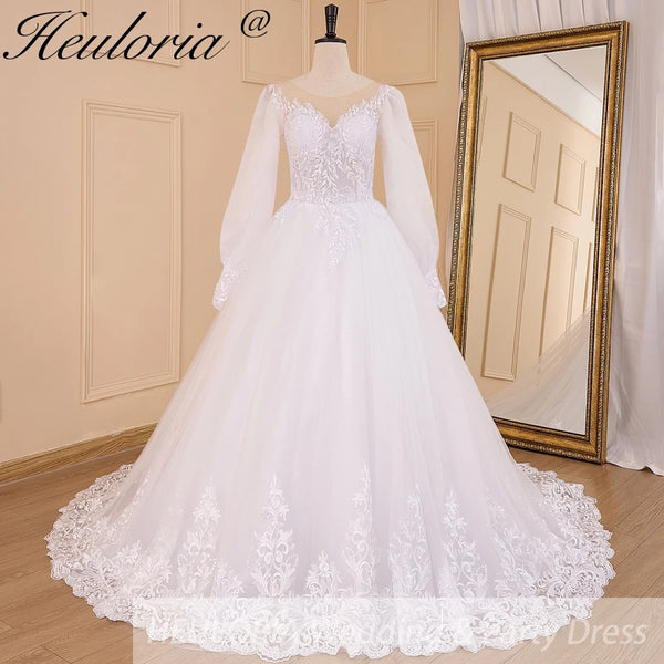 HEULORIA elegant Princess wedding dress long puff sleeve lace applique bride dress Robe De Mariee Wedding Bride Dress long train